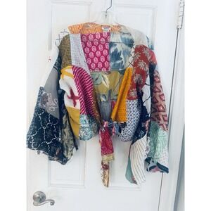 Kathmandu Imports Patchwork Boho Tie Front Crop Top Cotton India Women L